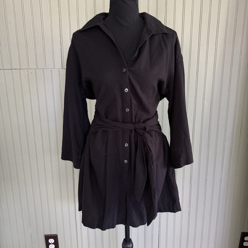 Free Assembly Black Linen Blend Romper Medium Minimalist Shorts Button Front